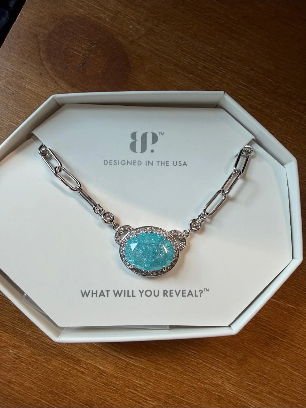 Silver-Tone Necklace with Aqua Oval Pendant